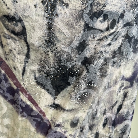 Mandee Short Sleeve Animal Print Rhinestone Sheer Top Cream & Gray Sz L - Picture 5 of 14